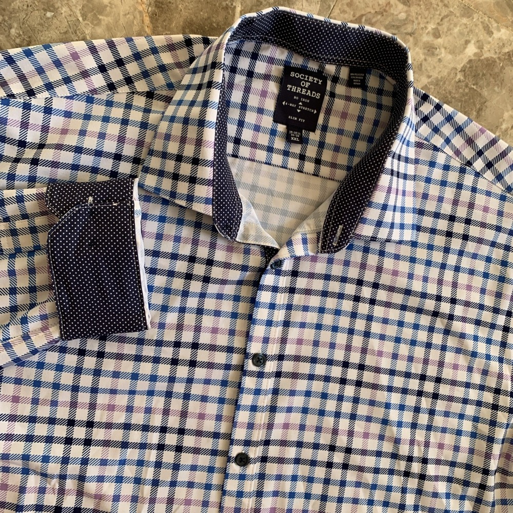 Society‎ of Threads Shirt Mens XXL Plaid Slim Fit 4 Way Stretch Performance